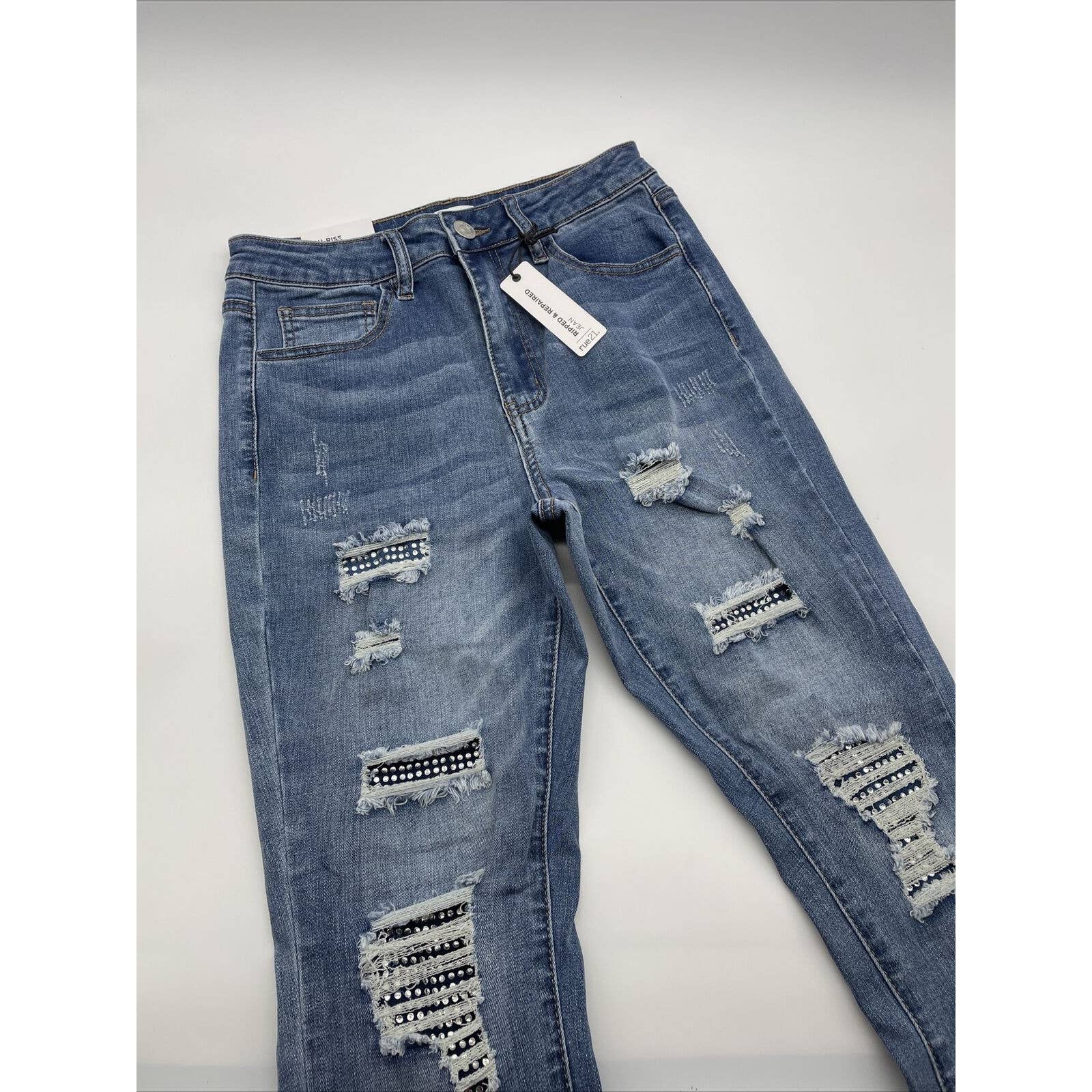 Rue21 Jeans Womens 8 Blue High-Rise Ankle Jegging Solid Ripped Repaired Bling